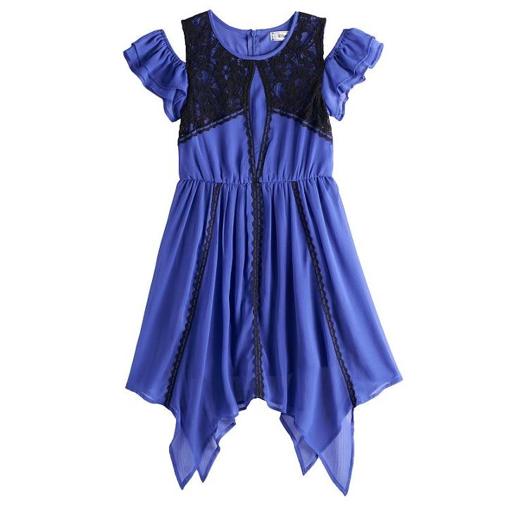 Disney D-signed Descendants 2 Girls 7-16 Cold Shoulder Lace Trim Handkerchief Hem Dress, Size: Small, Brt Blue