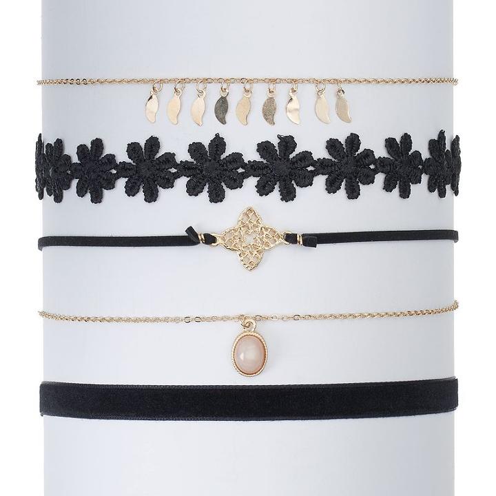 Mudd&reg; Flower, Quatrefoil & Velvet Choker Necklace Set, Teens, Black