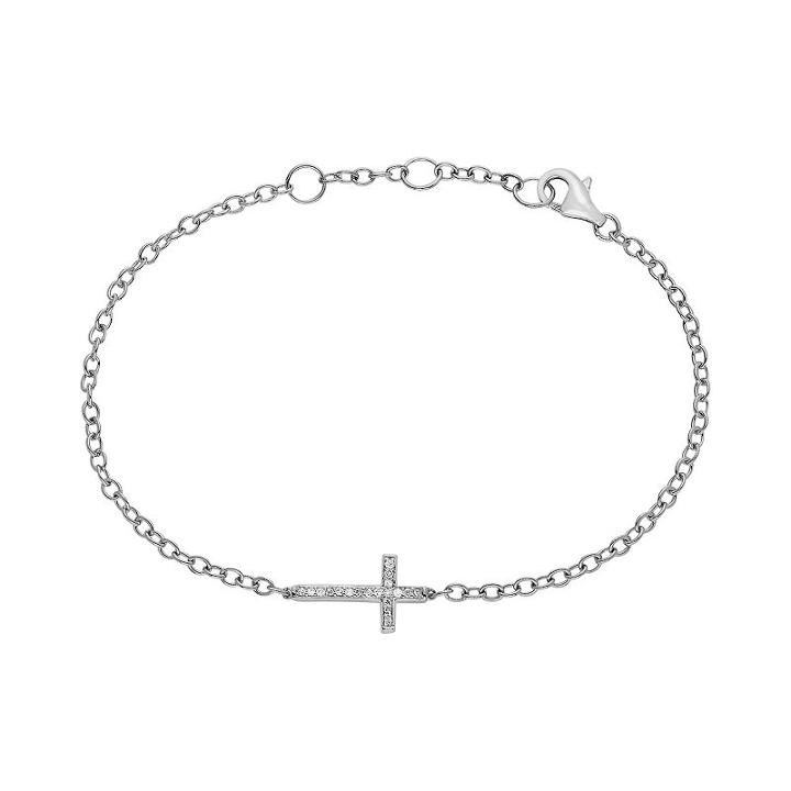 Sterling Silver 1/10-ct. T.w. Diamond Sideways Cross Bracelet, Women's, Size: 7, White
