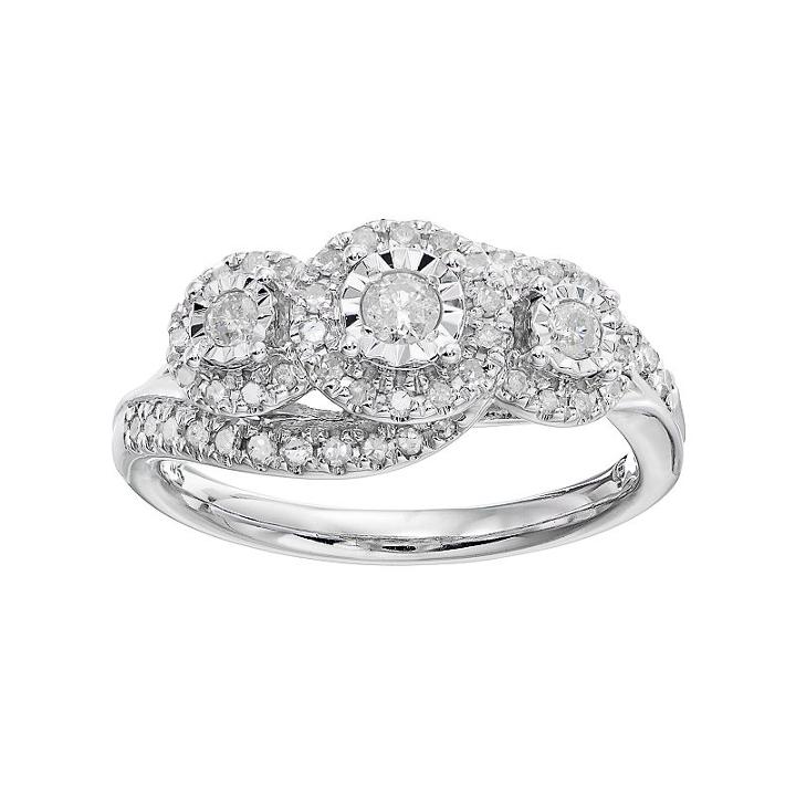 10k White Gold 1/2 Carat T.w. Diamond 3-stone Halo Ring, Women's, Size: 7