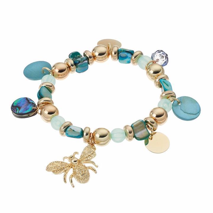 Beaded Bee Charm Stretch Bracelet, Women's, Blue
