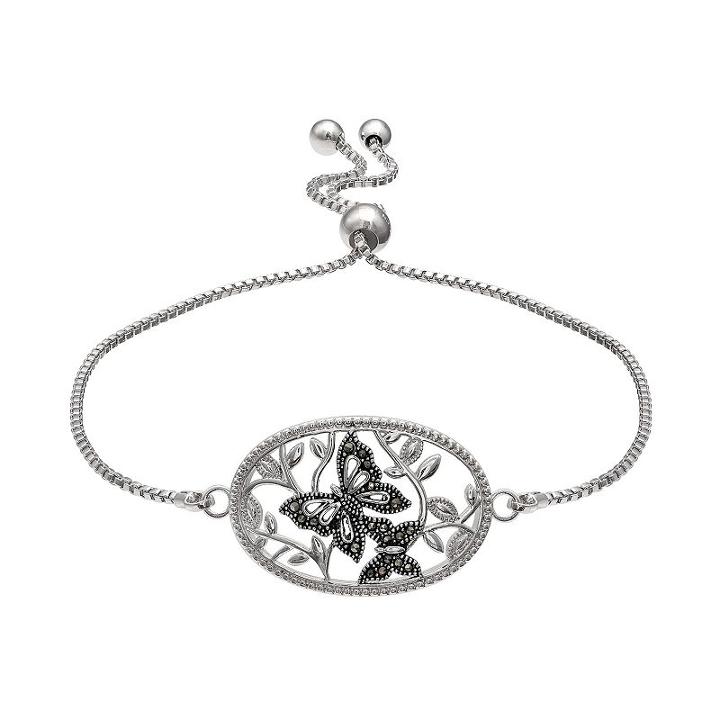 Brilliance Silver Plated Marcasite Butterfly Bolo Bracelet, Women's, Black