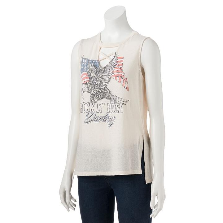 Juniors' About A Girl Rock N' Roll Darling Flag Graphic Tank, Size: Small, Natural