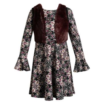 Girls 7-16 Emily West Floral Bell Sleeve Dress & Faux Fur Vest Set, Size: 14, Black