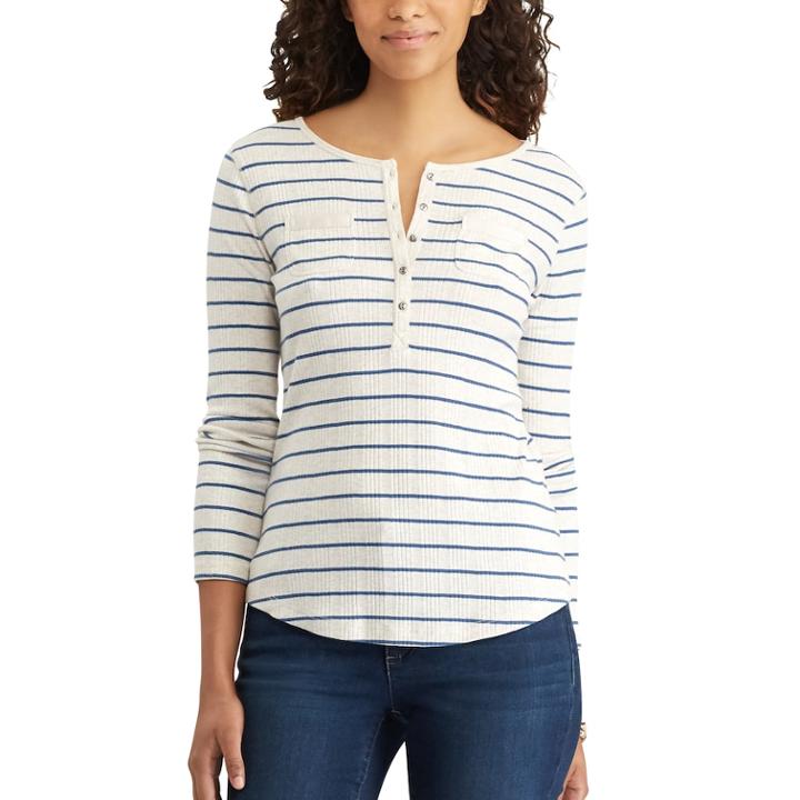Women's Chaps Pocket Henley, Size: Medium, Beig/green (beig/khaki)