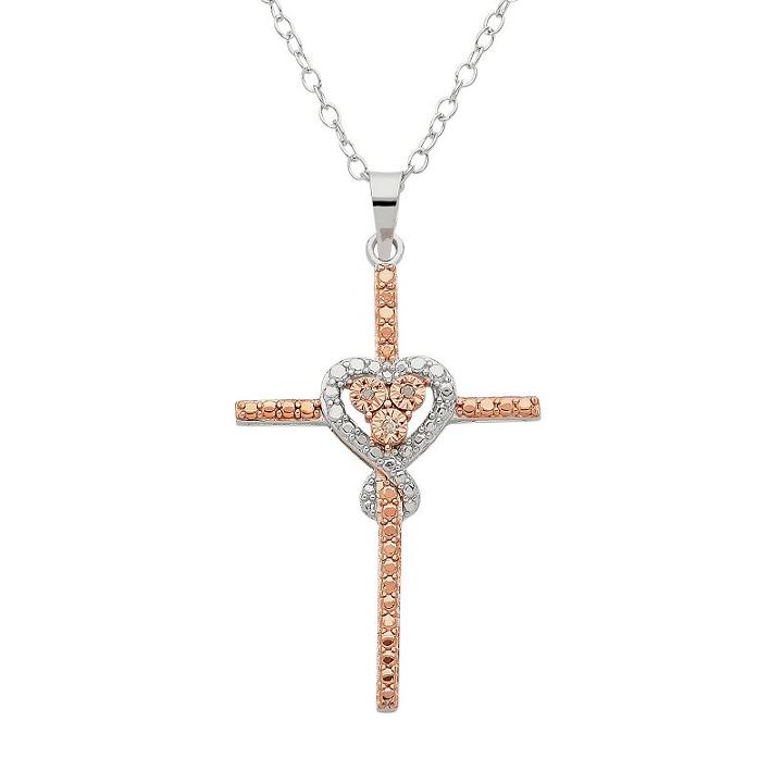 Diamore Diamond Accent 14k Rose Gold Over Silver & Sterling Silver Cross Pendant Necklace, Women's, Size: 18, White