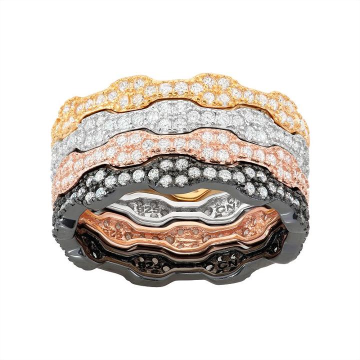 Multi Tone Sterling Silver Cubic Zirconia Stack Ring Set, Women's, Size: 10, White
