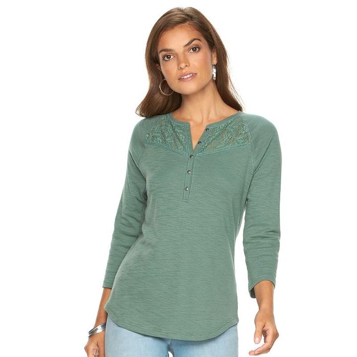 Women's Chaps Lace Yoke Henley, Size: Xl, Green