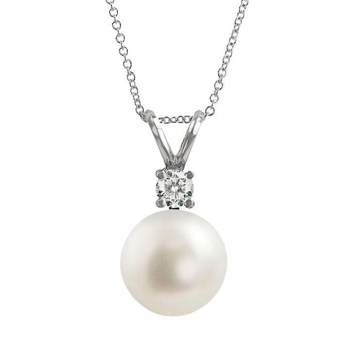 18k White Gold 1/10-ct. T.w. Diamond And Aaa Akoya Cultured Pearl Pendant, Women's, Size: 16