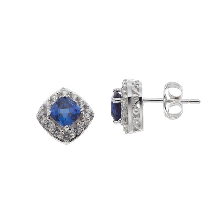 Sterling Silver Lab-created Blue & White Sapphire Cushion Stud Earrings