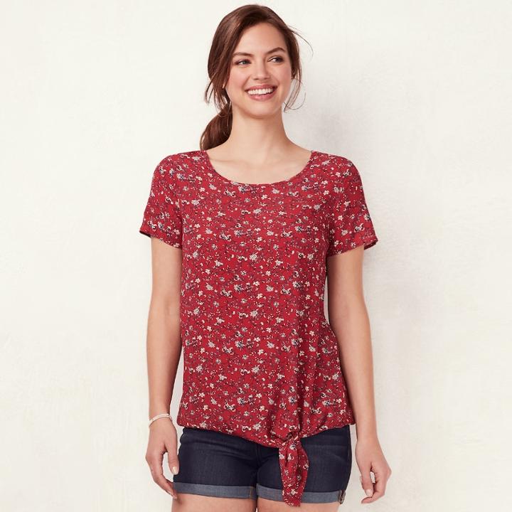 Women's Lc Lauren Conrad Print Knot-hem Tee, Size: Xs, Dark Red