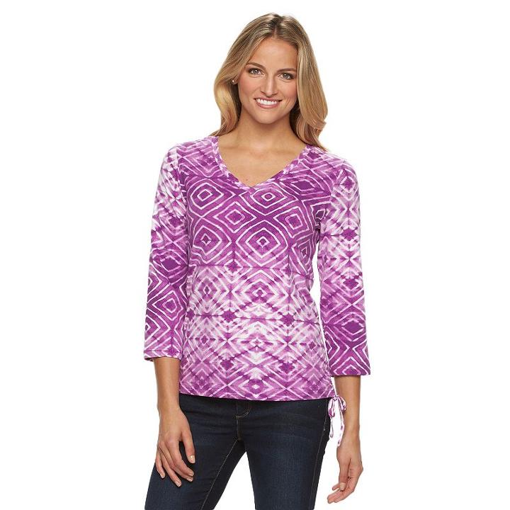 Women's Caribbean Joe Printed Drawstring V-neck Tee, Size: Medium, Lt Purple