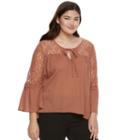 Juniors' Plus Size Mudd&reg; Lace Sleeve Peasant Top, Teens, Size: 2xl, Brown