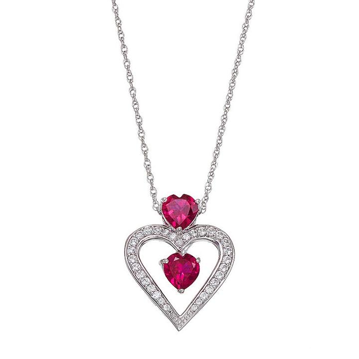 Sterling Silver Lab-created Ruby & Lab-created White Sapphire 2-stone Heart Pendant Necklace, Women's, Size: 18, Red