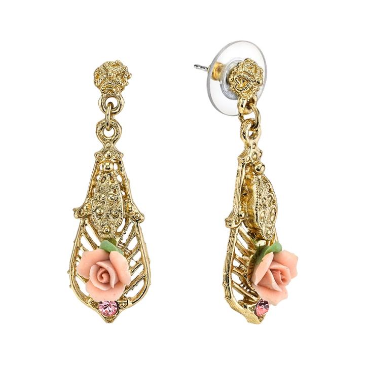 1928 Porcelain Rose Filigree Drop Earrings, Teens, Pink