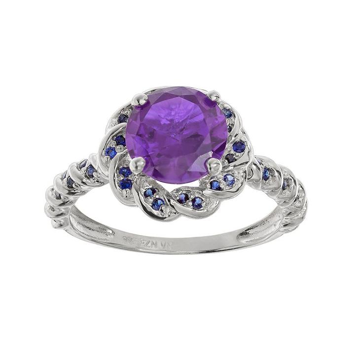Amethyst And Lab-created Sapphire Sterling Silver Flower Ring, Women's, Size: 6, Multicolor