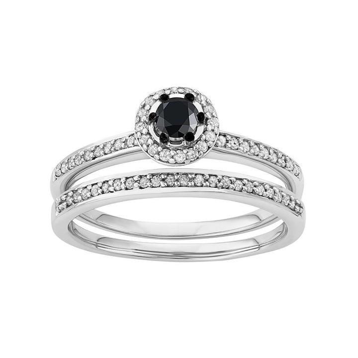 10k White Gold 1/2 Carat T.w. Black & White Diamond Halo Engagement Ring Set, Women's, Size: 9