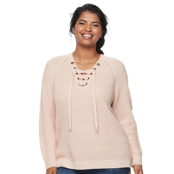 Juniors' Plus Size It's Our Time Lace-up Sweater, Teens, Size: 1xl, Pink Ovrfl