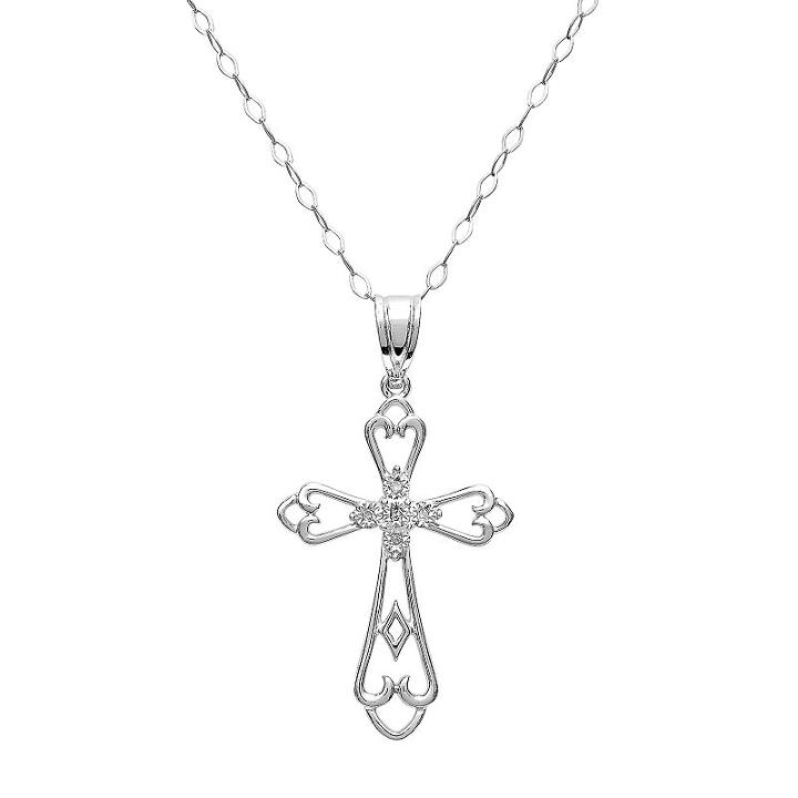 Sterling Silver Diamond Accent Openwork Cross Pendant, Women's, White