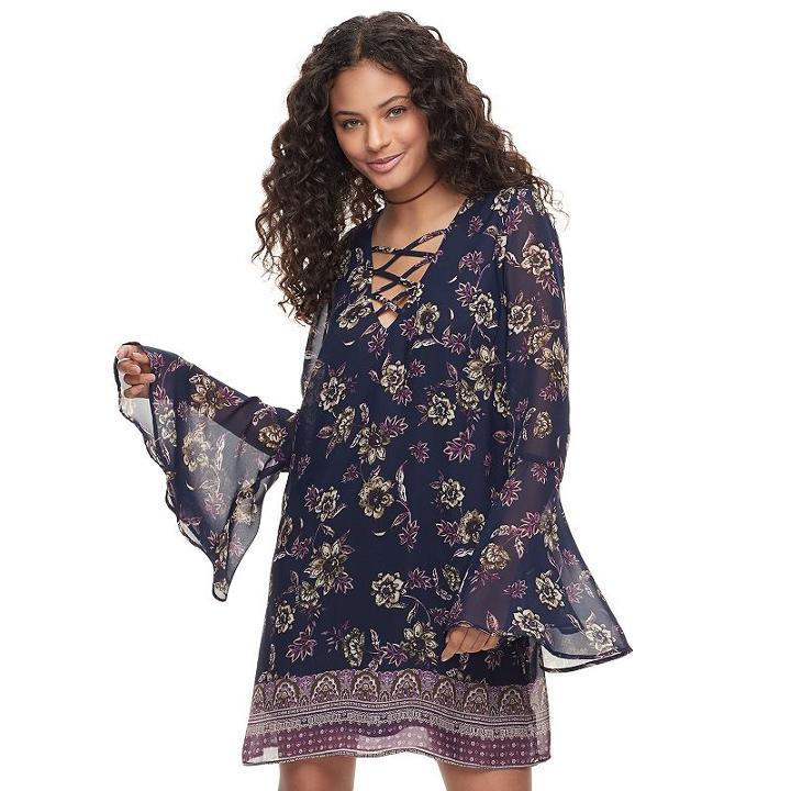 Juniors' Speechless Floral Bell-sleeve Shift Dress, Teens, Size: Xs, Purple Oth