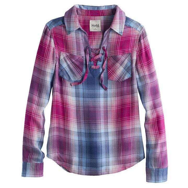 Girls 7-16 & Plus Size Mudd&reg; Lace-up Plaid Popover Top, Size: 20 1/2, Blue (navy)