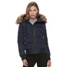 Women's Apt. 9&reg; Puffer Faux-fur Trim Bomber Jacket, Size: Medium, Blue (navy)