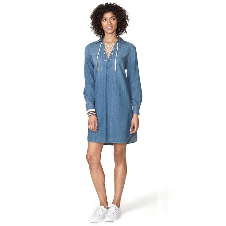 Women's Chaps Lace-up Denim Shirtdress, Size: Medium, Blue