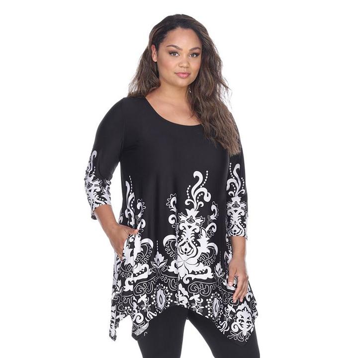 Plus Size White Mark Scroll Shark-bite Tunic, Women's, Size: 1xl, Black