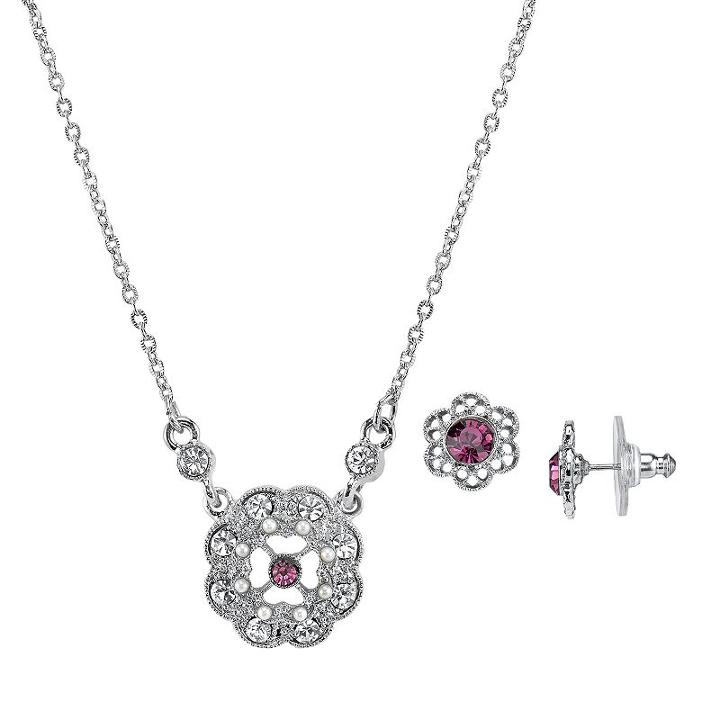 Downton Abbey Flower Necklace & Stud Earring Set, Women's, Size: 16, Purple