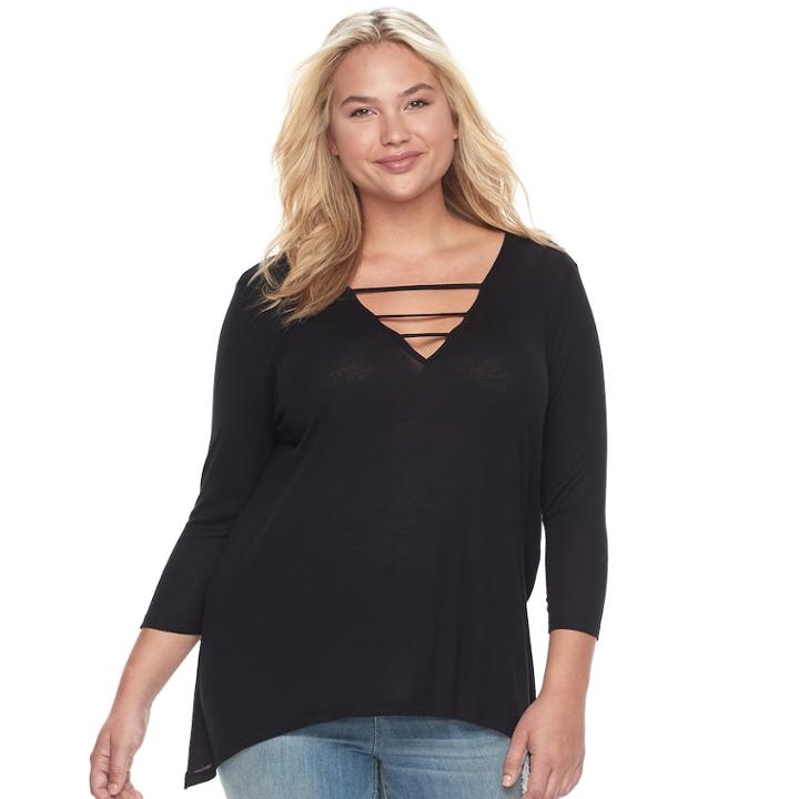 Plus Size Juniors' Plus Mudd&reg; Ribbed Sharkbitetee, Teens, Size: 2xl, Black