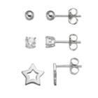 Cubic Zirconia Sterling Silver Star & Ball Stud Earring Set, Women's, Grey