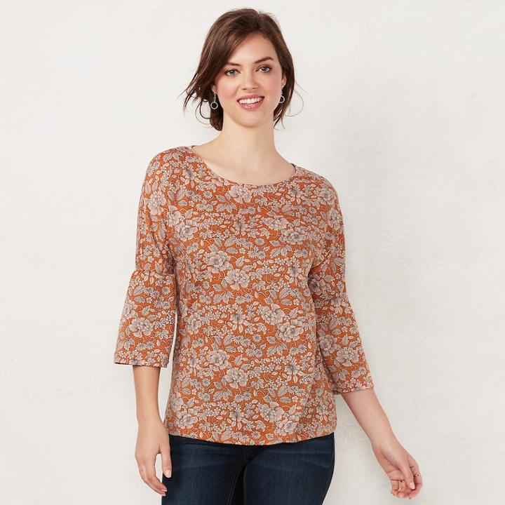 Women's Lc Lauren Conrad Printed Bell Sleeve Top, Size: Xs, Red/coppr (rust/coppr)