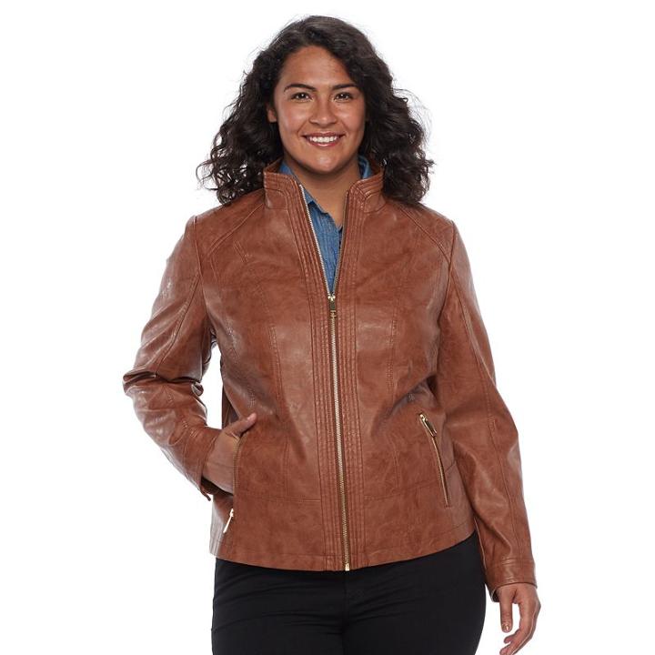 Plus Size Gallery Faux-leather Moto Jacket, Women's, Size: 3xl, Brown