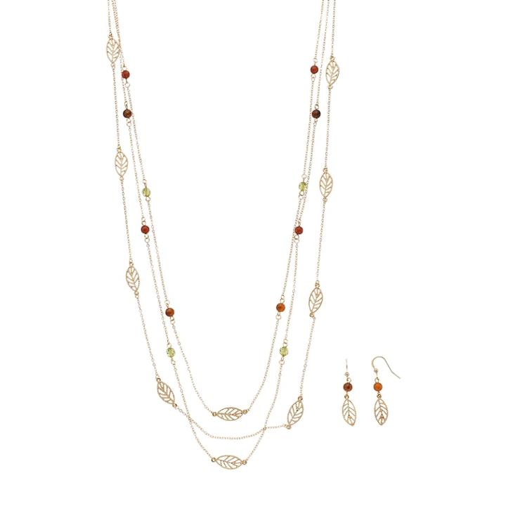 Filigree Leaf & Bead Multistrand Necklace & Earring Set, Women's, Orange