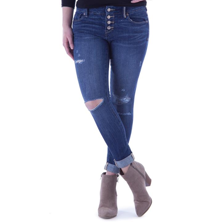 Juniors' Amethyst Ripped Button Front Girlfriend Skinny Jeans, Teens, Size: 9, Dark Blue
