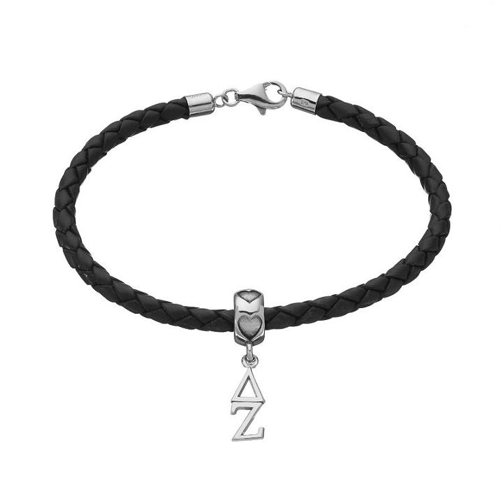 Logoart Delta Zeta Sterling Silver & Leather Sorority Bracelet, Women's, Size: 7.5, Grey