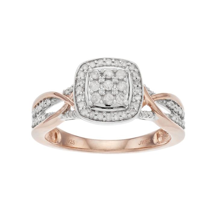 Always Yours Two Tone Sterling Silver 1/3 Carat T.w. Diamond Cluster Engagement Ring, Women's, Size: 7, White