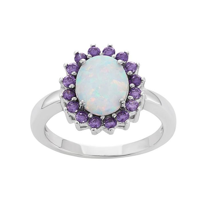 Sterling Silver Lab-created Opal & Cubic Zirconia Oval Halo Ring, Women's, Size: 6, Purple