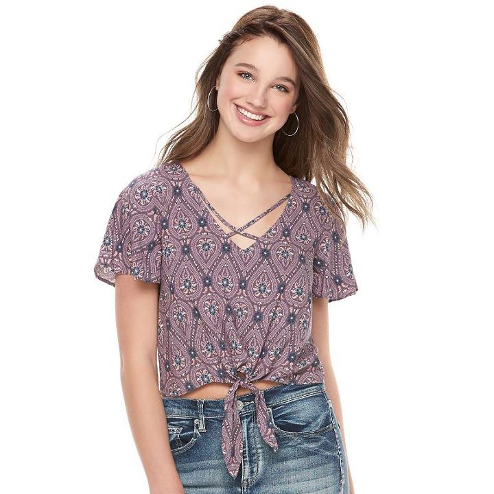 Juniors' Mudd&reg; Print Tie Front Top, Girl's, Size: Small, Drk Purple