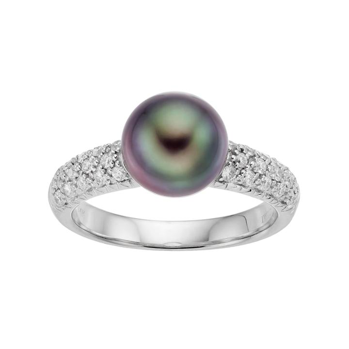 14k White Gold Tahitian Cultured Pearl & 1/3 Carat T.w. Diamond Ring, Women's, Size: 6, Black