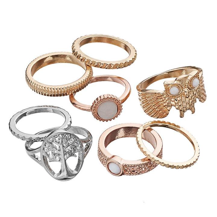 Mudd&reg; Owl & Tree Of Life Textured Ring Set, Women's, Multicolor