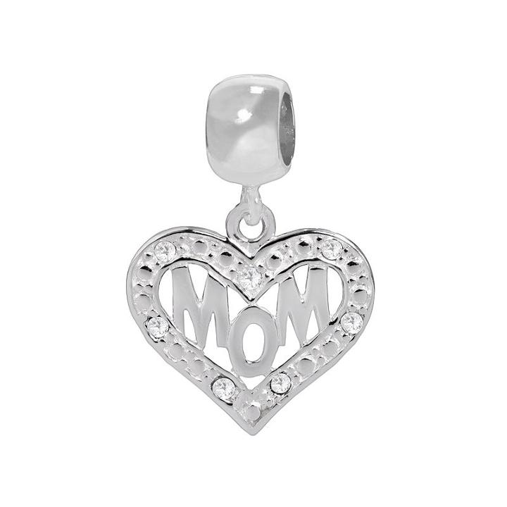 Individuality Beads Sterling Silver Crystal Openwork Mom Heart Charm, Women's, White
