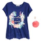 Plus Size Girls 7-16 Self Esteem Lace Trim Graphic Tee With Pom Keychain, Size: M Plus, Blue