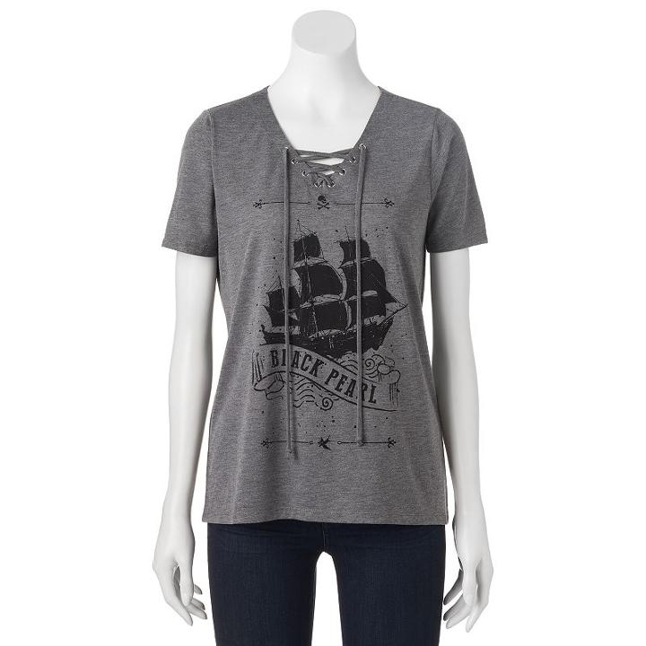 Disney's Pirates Of The Caribbean: Dead Men Tell No Tales Juniors' Lace-up Graphic Tee, Size: Xs, Grey (charcoal)