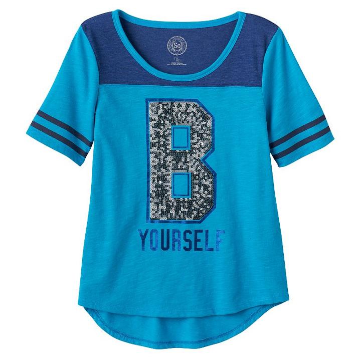 Girls 7-16 & Plus Size So&reg; Sequin Graphic Varsity Tee, Girl's, Size: 7-8, Turquoise/blue (turq/aqua)
