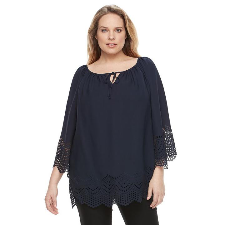 Plus Size Ab Studio Laser-cut Peasant Top, Women's, Size: 2xl, Blue (navy)