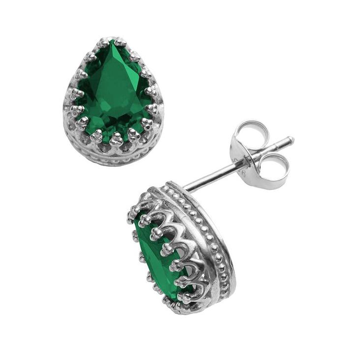 Sterling Silver Lab-created Emerald Crown Stud Earrings, Women's, Green