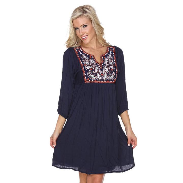 Women's White Mark Embroidered Babydoll Dress, Size: Small, Blue (navy)
