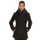 Women's Towne By London Fog Wool Blend Peacoat With Scarf, Size: Large, Black