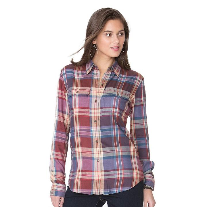 Women's Chaps Plaid Twill Button-down Shirt, Size: Xl, Red